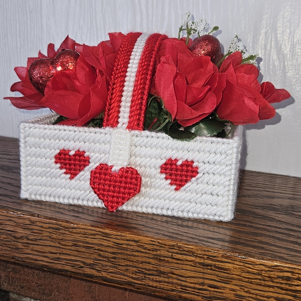 Plastic Canvas Vintage Handmade Valentines Day Basket Filled With Flowers/Hearts
